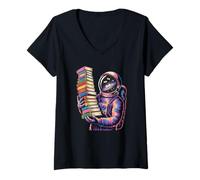 Women's Cosmic Bookworm Astronaut Reading Galaxy Science Fiction V-Neck T-Shirt