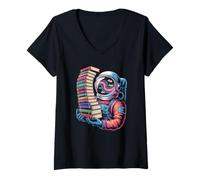 Women's Cosmic Bookworm Astronaut Reading Galaxy Science Fiction V-Neck T-Shirt