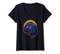 Womens Cosmic Brain Rainbow - Space Mind Neurodivergent Art V-Neck T-Shirt