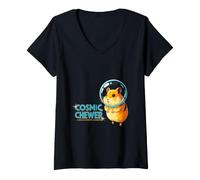 Women's Cosmic Chewer Space Hamster Adventure Cute Rodent Explorer V-Neck T-Shirt