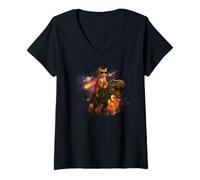 Womens Cosmic Coffee Cat, Funny Stargazing Feline with T-Rex & UFO V-Neck T-Shirt