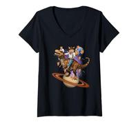 Womens Cosmic Coffee Cat - Funny Stargazing Feline with T-Rex & UFO V-Neck T-Shirt