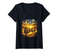 Women's Cosmic Cowboy UFO Starry Night Impressionist Western Art V-Neck T-Shirt