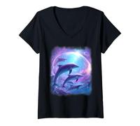 Women's Cosmic Dolphins Dreamscape - Serene Ocean Space Art V-Neck T-Shirt