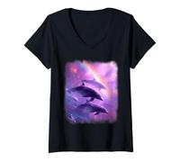 Women's Cosmic Dolphins Dreamscape - Serene Ocean Space Art V-Neck T-Shirt
