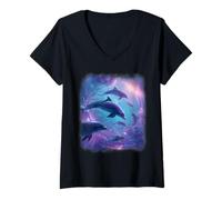 Women's Cosmic Dolphins Dreamscape - Serene Ocean Space Art V-Neck T-Shirt