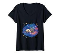 Womens Cosmic Dreaming Cat Sleep Voyage V-Neck T-Shirt