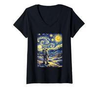 Women's Cosmic Explorer Astronaut Van Gogh Starry Night Inspired V-Neck T-Shirt