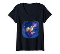 Womens Cosmic Ferret Galaxy Crystal V-Neck T-Shirt