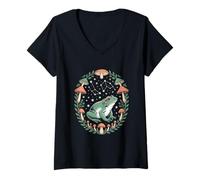Womens Cosmic Frog Among Forest Mushrooms and Starry Constellations V-Neck T-Shirt