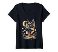 Women's Cosmic German Shepherd Space Galaxy Scene V-Neck T-Shirt