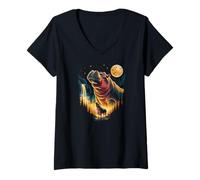 Women's Cosmic Hippo and Calf Under Enchanted Full Moon Sky V-Neck T-Shirt