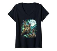Women's Cosmic Howling Hadeda I irds Under Full Moon Night V-Neck T-Shirt