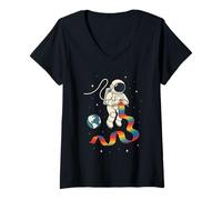 Women's Cosmic Knitter Astronaut Rainbow Yarn Craft V-Neck T-Shirt