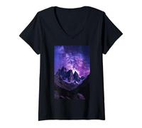 Women's Cosmic Mountain Valley Under Milky Way Galaxy Skyline Art V-Neck T-Shirt