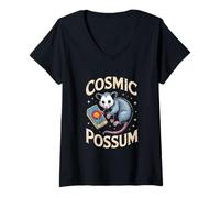 Womens Cosmic Possum Tarot Floating Space Adventure V-Neck T-Shirt