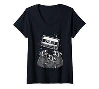Women's Cosmic Raccoons Worship Retro Cassette Mixtape V-Neck T-Shirt