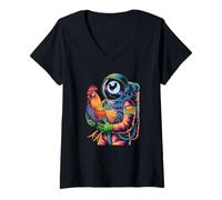 Women's Cosmic Rooster and Retro Astronaut in The Starry Space V-Neck T-Shirt