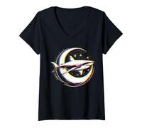 Womens Cosmic Shark In Front Of The Moon - Supernatural Visual Space V-Neck T-Shirt