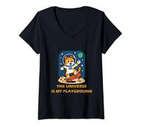 Womens Cosmic Skate Astronaut Cat The Universe is My Playground V-Neck T-Shirt