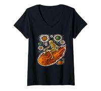 Womens Cosmic Skeleton Riding Flaming Space Asteroid Meteor Comet V-Neck T-Shirt