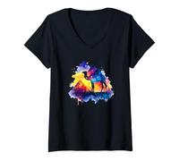 Womens Cosmic Starry Night Egyptian Pyramid Camel Watercolor V-Neck T-Shirt