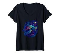 Womens Cosmic Turtle, Galactic Ocean Vibes, Sea Animal V-Neck T-Shirt