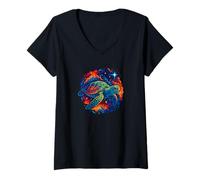 Womens Cosmic Turtle, Galactic Ocean Vibes, Sea Animal V-Neck T-Shirt