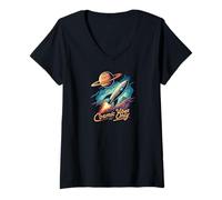 Womens Cosmic Vibes Only Retro Space Rocket Planet Galaxy Aesthetic V-Neck T-Shirt