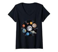 Women's Cosmic Vinyl Record Planets Orbit V-Neck T-Shirt