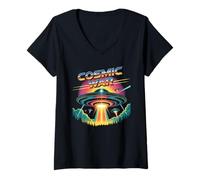 Women's Cosmic War Retro Vintage 80s Synthwave UFO Alien Abduction V-Neck T-Shirt