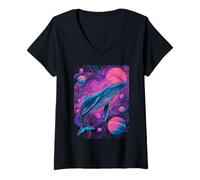 Womens Cosmic Whale Floating Through Planets and Space Illustration V-Neck T-Shirt