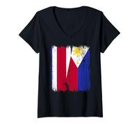 Womens Costa Rica Philippines Half Flag Costa Rican Filipino Flag V-Neck T-Shirt