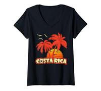 Womens Costa Rica Summer Palm Trees 80s Beach Sunset V-Neck T-Shirt