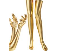 Women's Costume Set Elastic Spandex Shiny Wet Long Gloves and Wet Look Thigh High Stockings (Gold)