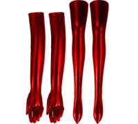 Women's Costume Set Elastic Spandex Shiny Wet Long Gloves and Wet Look Thigh High Stockings (Red)