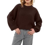 Women's Cosy Cropped Knitted Jumper Soft Loose Fit Long Sleeve Crew Neck Pullover Ladies Cashmere Jumpers Oversized Casual Chunky Sweater Solid Colour Thermal Top Weekend Outfits M Coffee