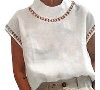 Women's Cot,Ton Linen Hollow Blouse Lightweight Half High Neck Short Sleeve Casual Office,Tops Solid Color T-Shirt(S White)