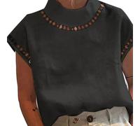 Women's Cot,Ton Linen Hollow Blouse Lightweight Half High Neck Short Sleeve Casual Office,Tops Solid Color T-Shirt(XL Black)