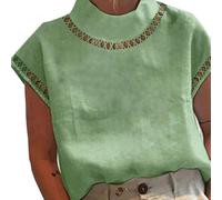 Women's Cot,Ton Linen Hollow Blouse Lightweight Half High Neck Short Sleeve Casual Office,Tops Solid Color T-Shirt(L Green)