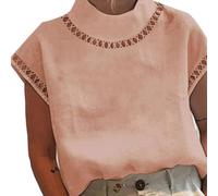 Women's Cot,Ton Linen Hollow Blouse Lightweight Half High Neck Short Sleeve Casual Office,Tops Solid Color T-Shirt(XL Pink)