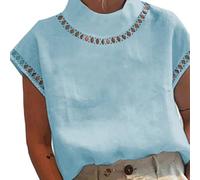 Women's Cot,Ton Linen Hollow Blouse Lightweight Half High Neck Short Sleeve Casual Office,Tops Solid Color T-Shirt(XL Blue)