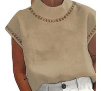 Women's Cot,Ton Linen Hollow Blouse Lightweight Half High Neck Short Sleeve Casual Office,Tops Solid Color T-Shirt(M Khaki)