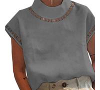 Women's Cot,Ton Linen Hollow Blouse Lightweight Half High Neck Short Sleeve Casual Office,Tops Solid Color T-Shirt(L Gray)