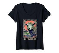 Womens Cotswolds England UK Cute Sheep Art Vintage 60s 70s Design V-Neck T-Shirt