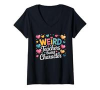 Womens Cottage Core Frog & Mushroom Weird Teachers Build Character V-Neck T-Shirt