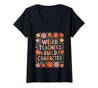 Womens Cottage Core Frog & Mushroom Weird Teachers Build Character V-Neck T-Shirt
