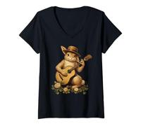 Women's Cottagecore Aesthetic Rabbit Bunny Playing Guitar Musician V-Neck T-Shirt