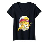 Women's Cottagecore Bearded Dragon Playing Banjo On The Mushroom V-Neck T-Shirt