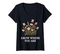 Women's Cottagecore Bee Flower Grow Where You are Wildflower Garden V-Neck T-Shirt